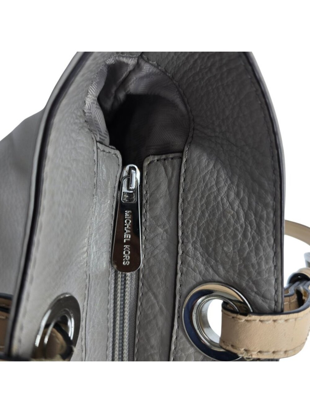 Michael Kors Pebbled Leather Shoulder Tote Bag Gray Taupe Silver Hardware Purse - Picture 15 of 16